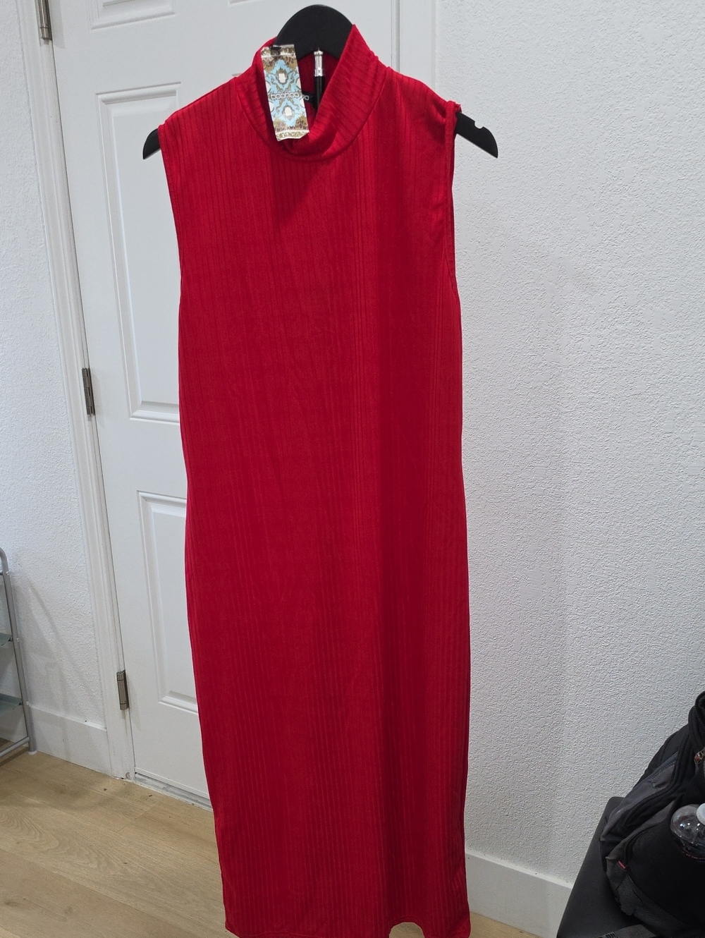 Boohoo Red Ribbed Sleeveless Mock Neck Dress